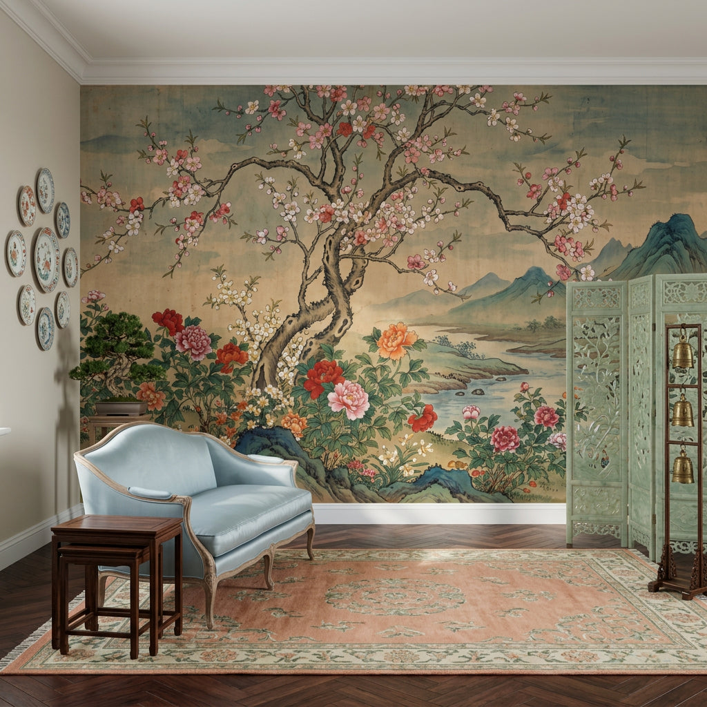 Floral Landscape Wallpaper Blossoming Tree Removable Peonies Wall Decor