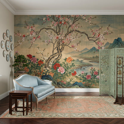 Floral Landscape Wallpaper Blossoming Tree Removable Peonies Wall Decor