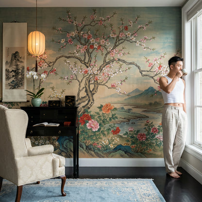 Floral Landscape Wallpaper Blossoming Tree Removable Peonies Wall Decor