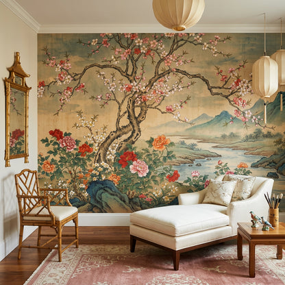 Floral Landscape Wallpaper Blossoming Tree Removable Peonies Wall Decor
