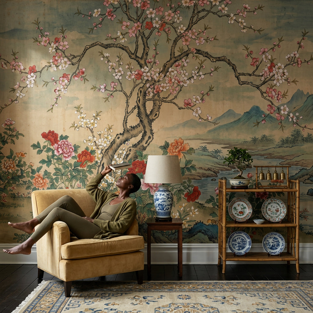 Floral Landscape Wallpaper Blossoming Tree Removable Peonies Wall Decor