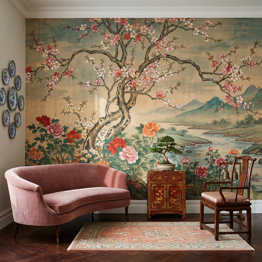 Floral Landscape Wallpaper Blossoming Tree Removable Peonies Wall Decor