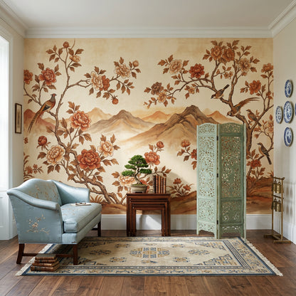 Peony Blossoms Wallpaper Floral Branches Removable Chinoiserie Inspired Wall Decor