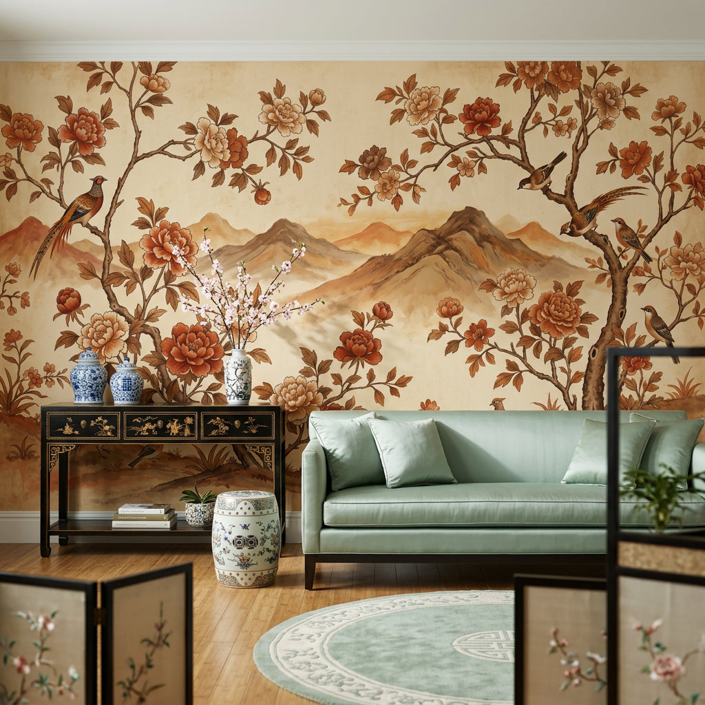 Peony Blossoms Wallpaper Floral Branches Removable Chinoiserie Inspired Wall Decor