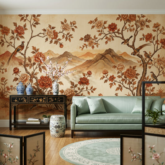 Peony Blossoms Wallpaper Floral Branches Removable Chinoiserie Inspired Wall Decor