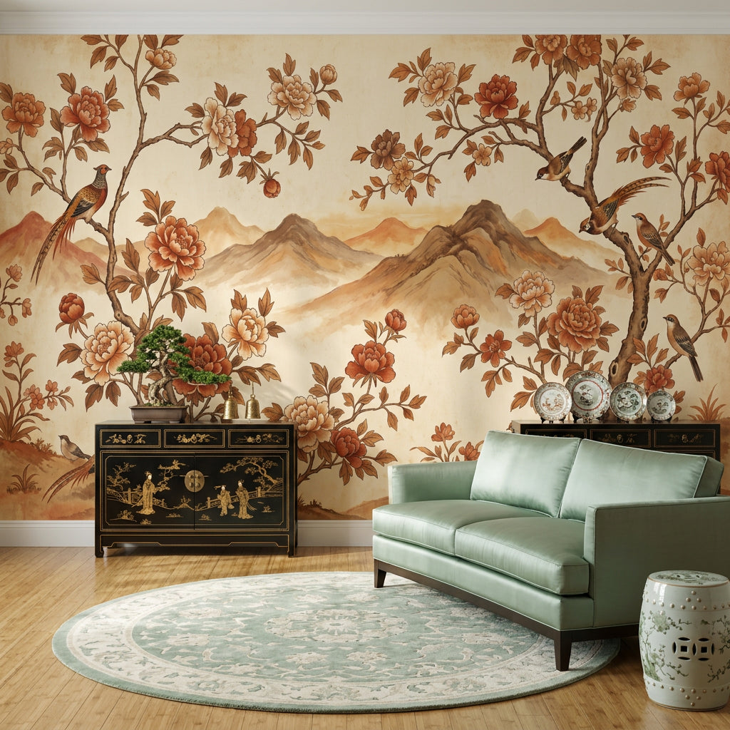 Peony Blossoms Wallpaper Floral Branches Removable Chinoiserie Inspired Wall Decor