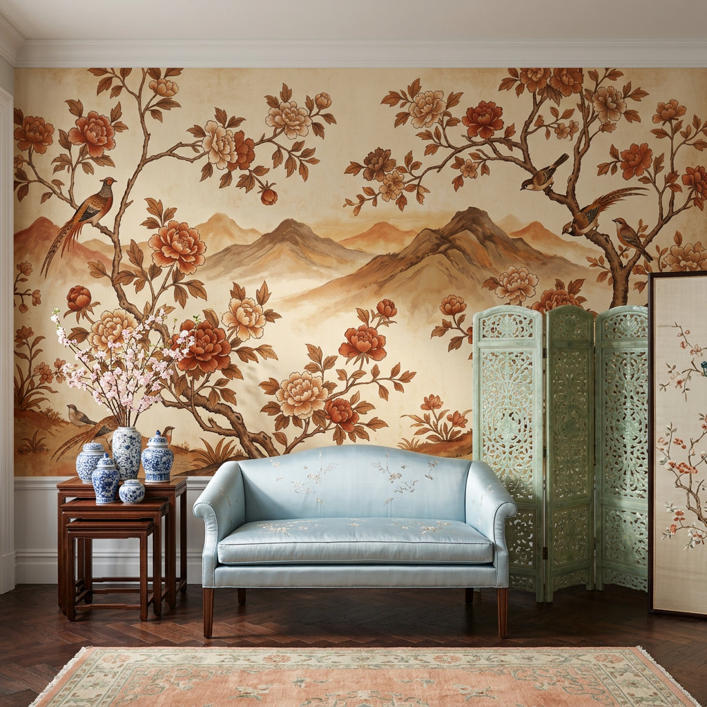 Peony Blossoms Wallpaper Floral Branches Removable Chinoiserie Inspired Wall Decor