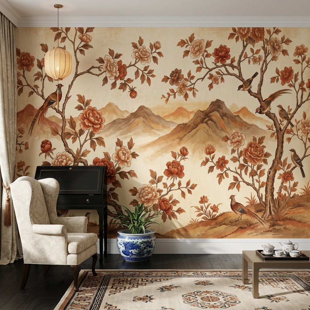 Peony Blossoms Wallpaper Floral Branches Removable Chinoiserie Inspired Wall Decor
