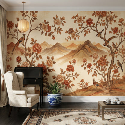 Peony Blossoms Wallpaper Floral Branches Removable Chinoiserie Inspired Wall Decor