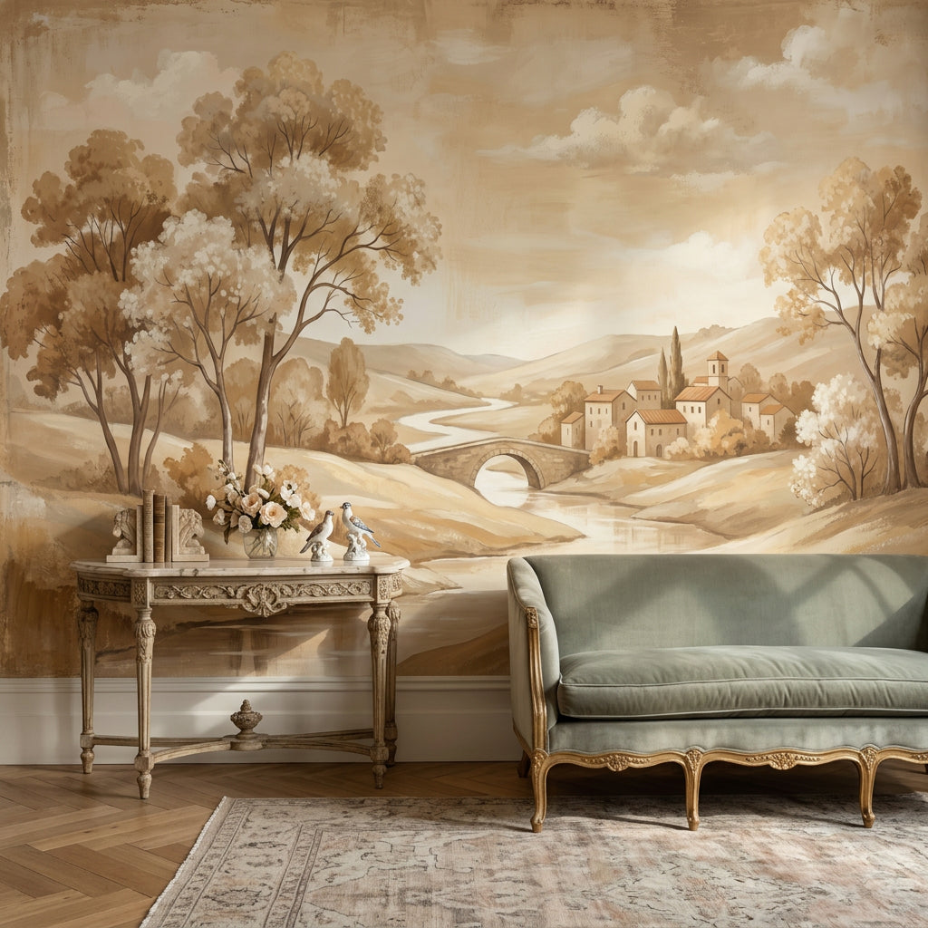 Pastoral Landscape Wallpaper Sepia Countryside Winding River Wall Mural