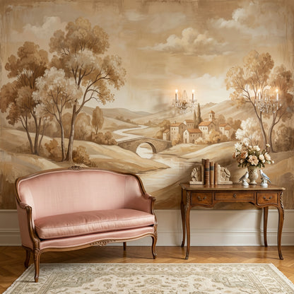 Pastoral Landscape Wallpaper Sepia Countryside Winding River Wall Mural