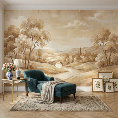 Pastoral Landscape Wallpaper Sepia Countryside Winding River Wall Mural