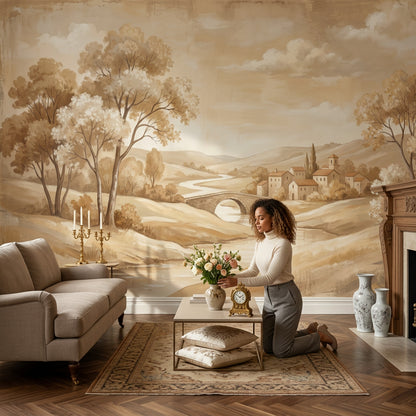 Pastoral Landscape Wallpaper Sepia Countryside Winding River Wall Mural