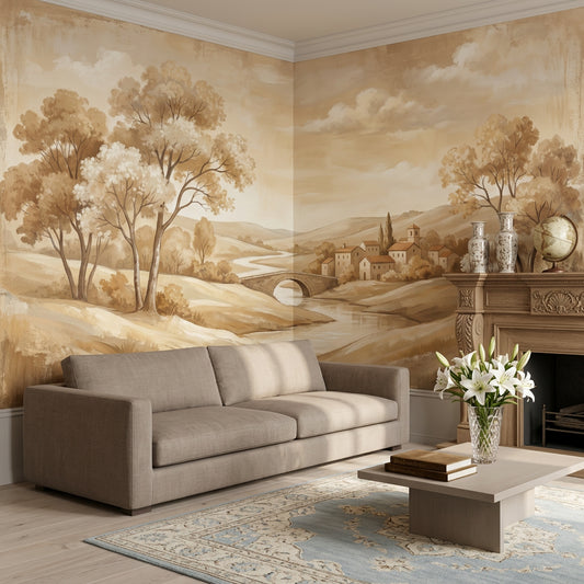 Pastoral Landscape Wallpaper Sepia Countryside Winding River Wall Mural