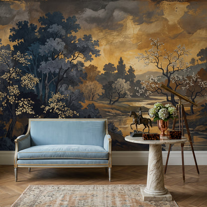 Dark Landscape Wallpaper Winding River Flowering Trees Removable Wall Decor