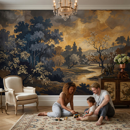 Dark Landscape Wallpaper Winding River Flowering Trees Removable Wall Decor