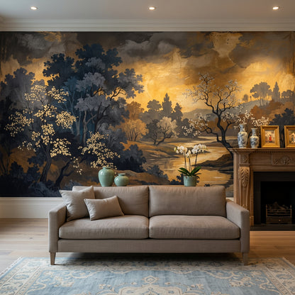 Dark Landscape Wallpaper Winding River Flowering Trees Removable Wall Decor