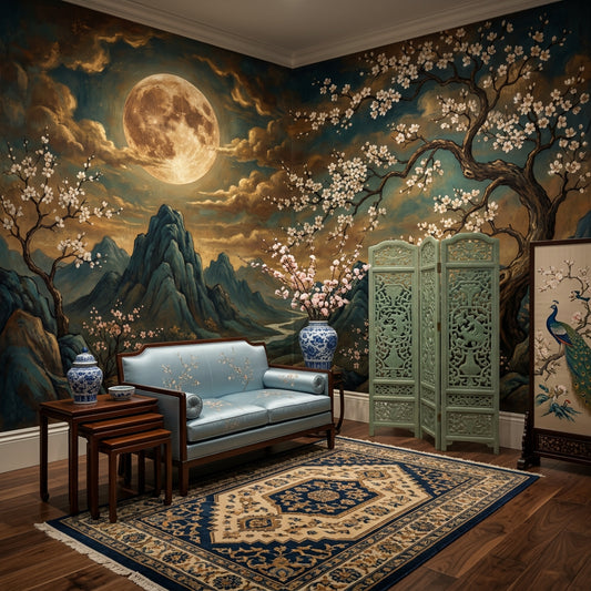 Dark Moonlit Landscape Wallpaper Full Moon Removable Mountains And River Wall Decor