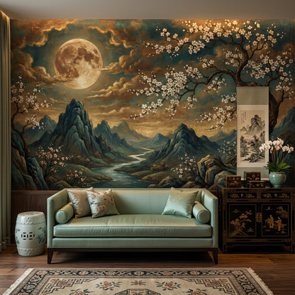 Dark Moonlit Landscape Wallpaper Full Moon Removable Mountains And River Wall Decor