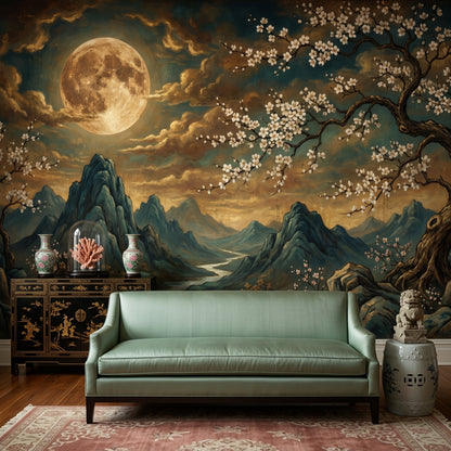 Dark Moonlit Landscape Wallpaper Full Moon Removable Mountains And River Wall Decor