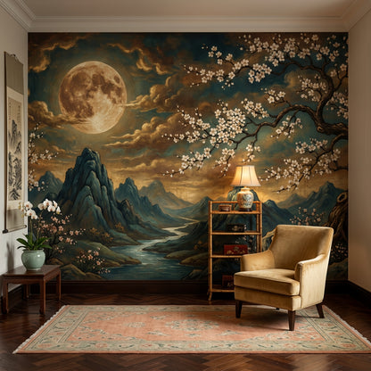 Dark Moonlit Landscape Wallpaper Full Moon Removable Mountains And River Wall Decor