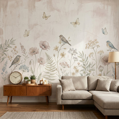 Pastel Floral Wallpaper Wildflower Meadow Birds Removable Wall Decor