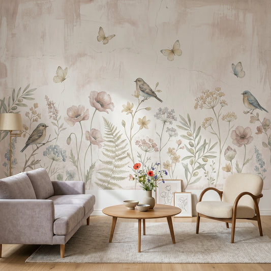Pastel Floral Wallpaper Wildflower Meadow Birds Removable Wall Decor