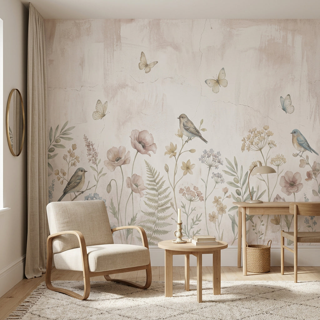 Pastel Floral Wallpaper Wildflower Meadow Birds Removable Wall Decor