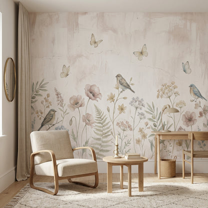 Pastel Floral Wallpaper Wildflower Meadow Birds Removable Wall Decor