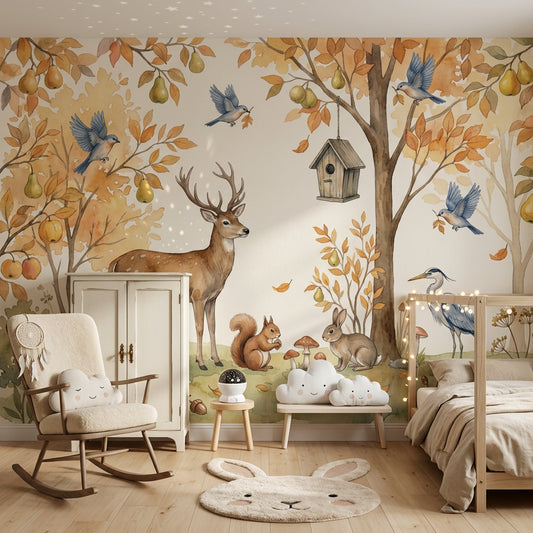 Autumn Woodland Wallpaper Watercolor Illustration Deer Stag Removable Wall Decor