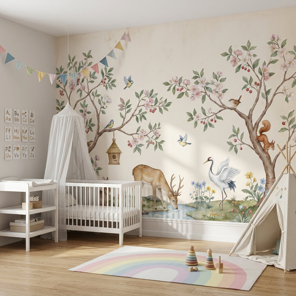 Woodland Landscape Wallpaper Watercolor Blossoming Trees Wall Mural