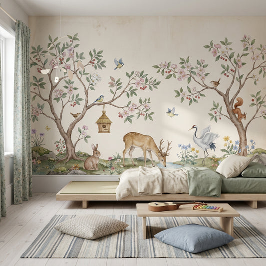 Woodland Landscape Wallpaper Watercolor Blossoming Trees Wall Mural