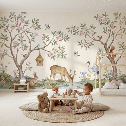 Woodland Landscape Wallpaper Watercolor Blossoming Trees Wall Mural