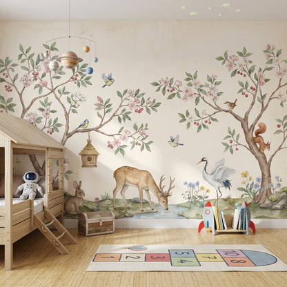 Woodland Landscape Wallpaper Watercolor Blossoming Trees Wall Mural