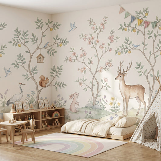 Woodland Animals Wallpaper Watercolor Whimsical Landscape Wall Mural