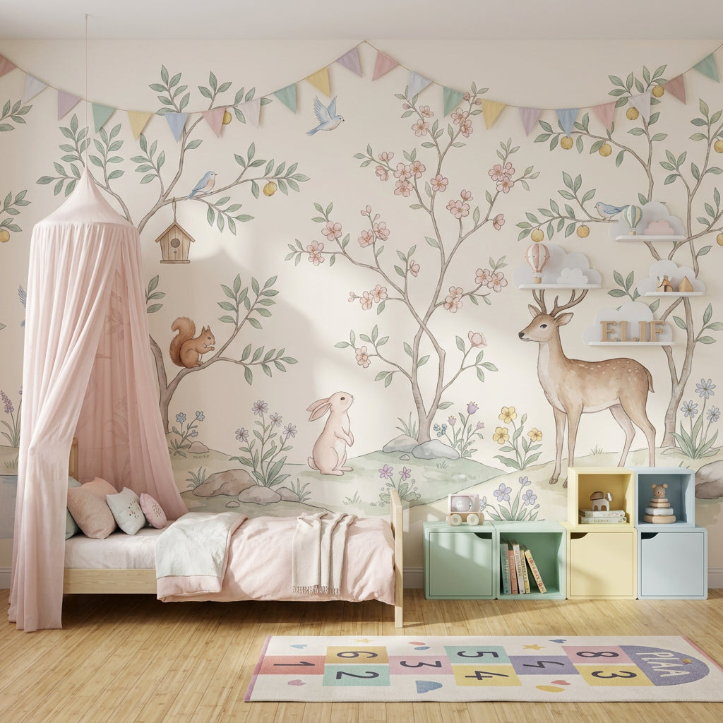 Woodland Animals Wallpaper Watercolor Whimsical Landscape Wall Mural