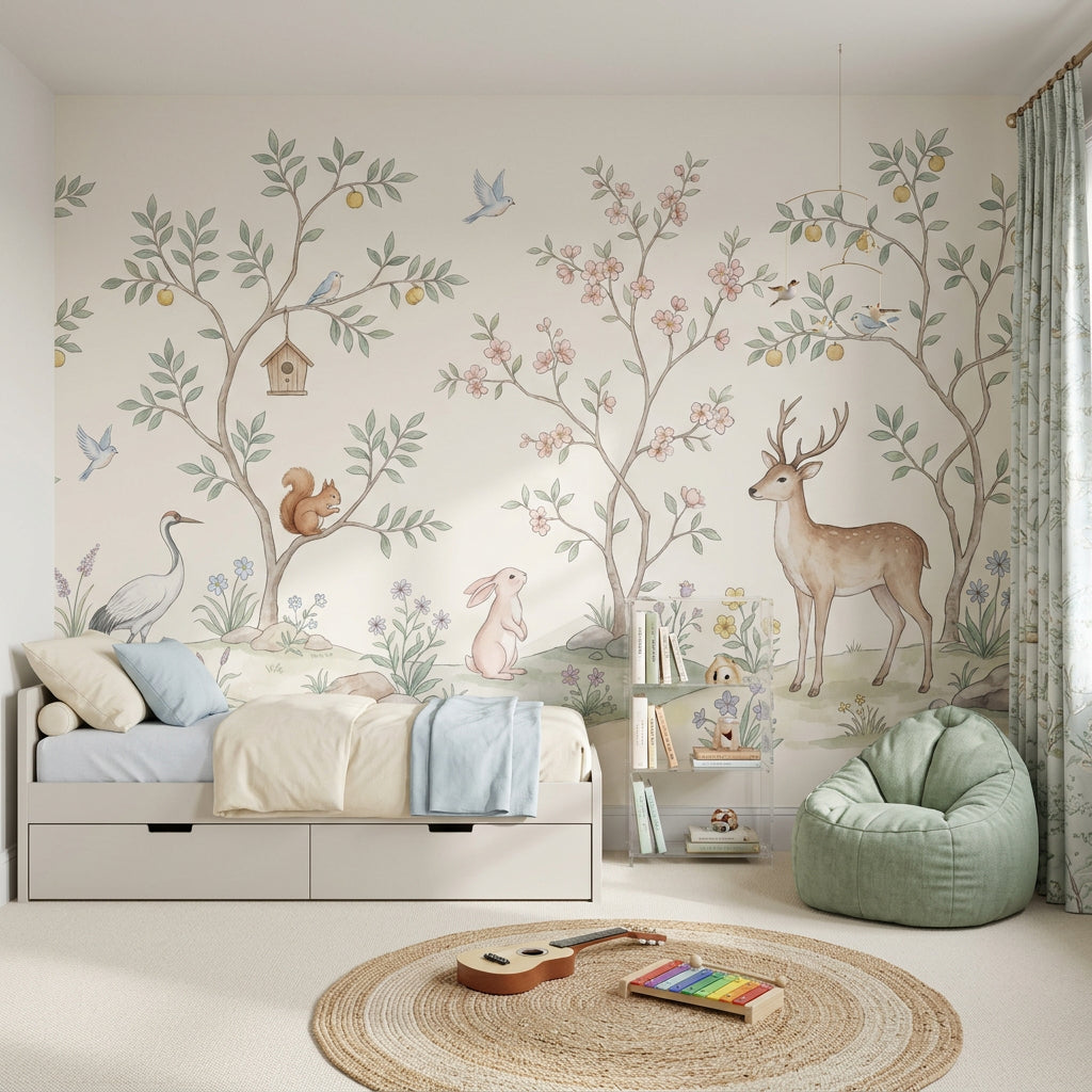 Woodland Animals Wallpaper Watercolor Whimsical Landscape Wall Mural