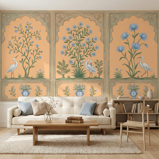 Floral Panels Wallpaper Toile Style Removable White Heron Egret Wall Decor