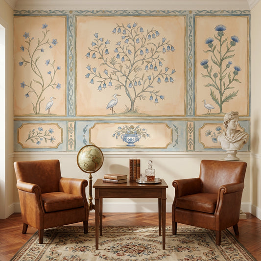 Botanical Panels Wallpaper Blue Bellflowers Vintage Fresco Removable Wall Decor