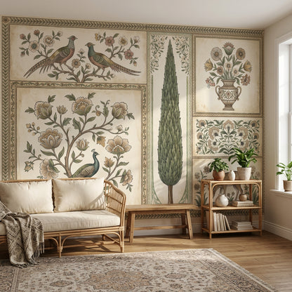 Vintage Toile Wallpaper Botanical Floral Panels European Pastoral Wall Mural