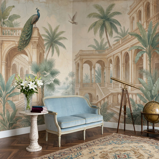 Classical Arches Wallpaper Tropical Palms Peacock Removable Wall Decor