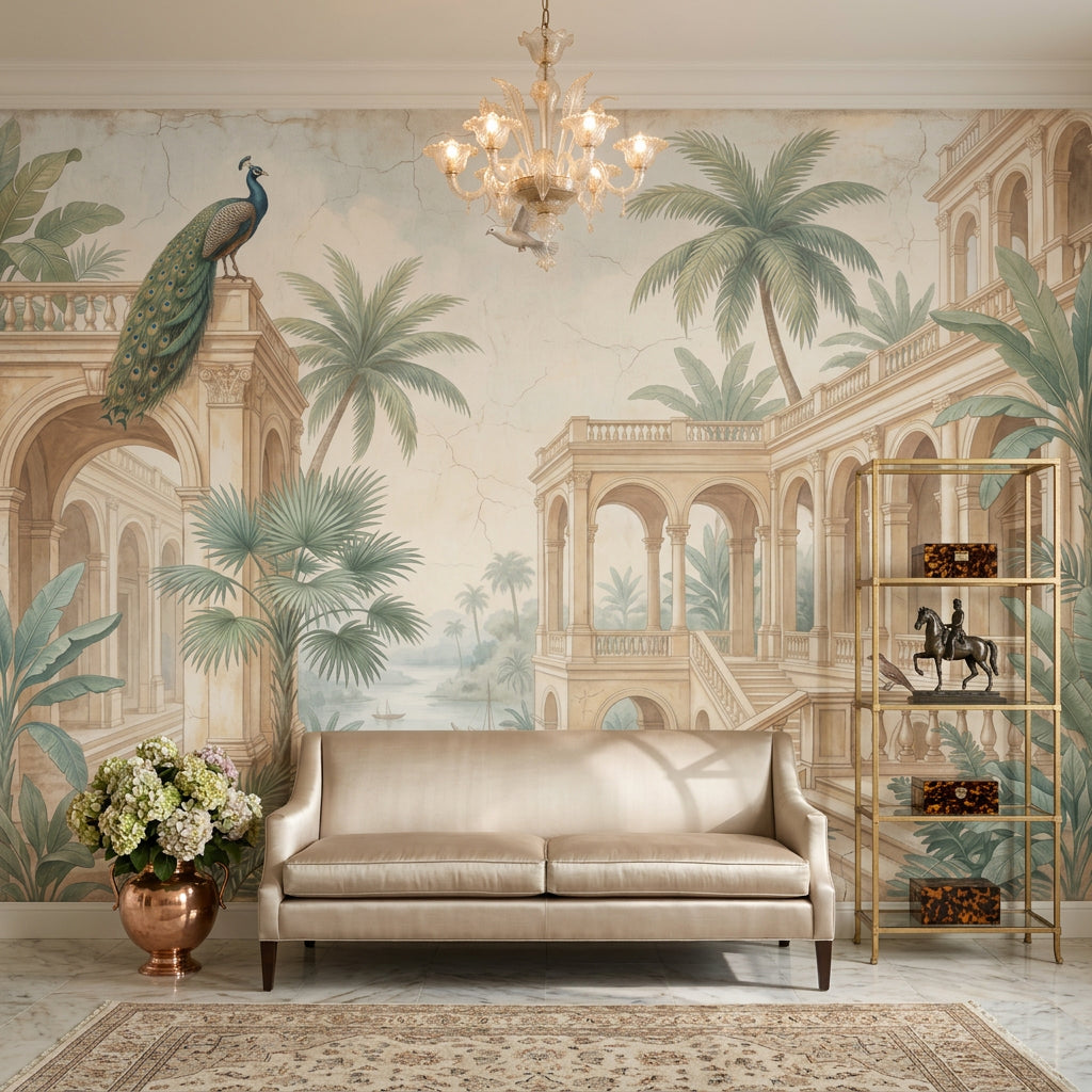 Classical Arches Wallpaper Tropical Palms Peacock Removable Wall Decor