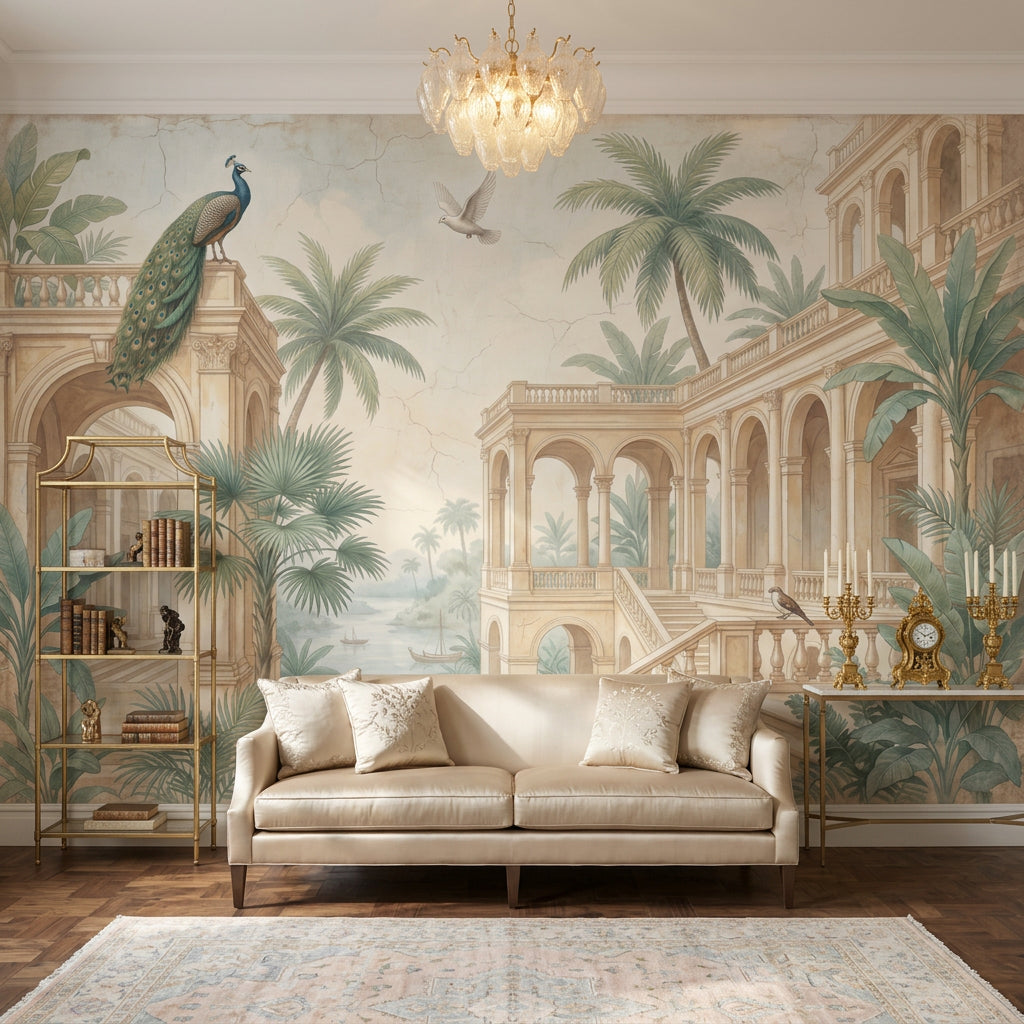 Classical Arches Wallpaper Tropical Palms Peacock Removable Wall Decor