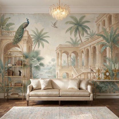 Classical Arches Wallpaper Tropical Palms Peacock Removable Wall Decor