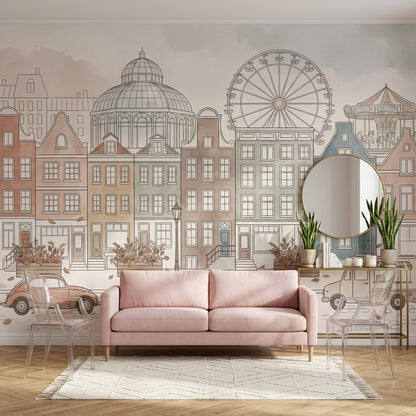 European Cityscape Wallpaper Canal Houses Ferris Wheel Wall Mural