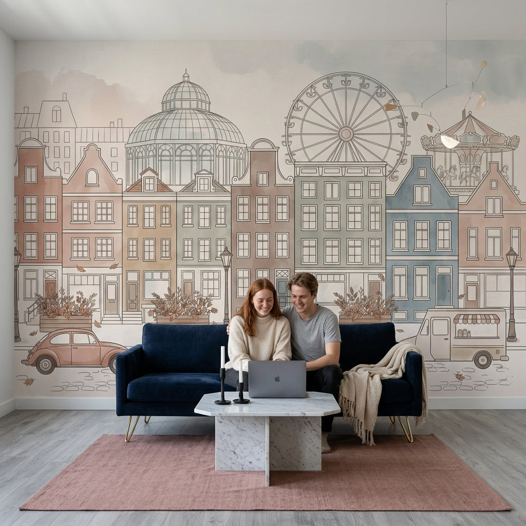 European Cityscape Wallpaper Canal Houses Ferris Wheel Wall Mural