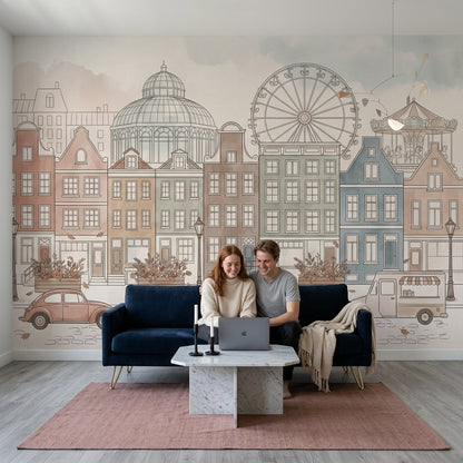 European Cityscape Wallpaper Canal Houses Ferris Wheel Wall Mural