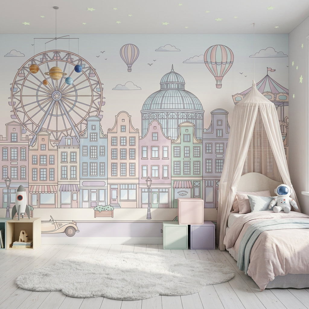 Pastel Cityscape Wallpaper European Townhouses Removable Ferris Wheel Wall Decor