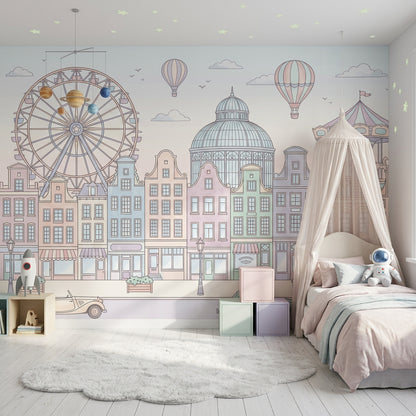 Pastel Cityscape Wallpaper European Townhouses Removable Ferris Wheel Wall Decor