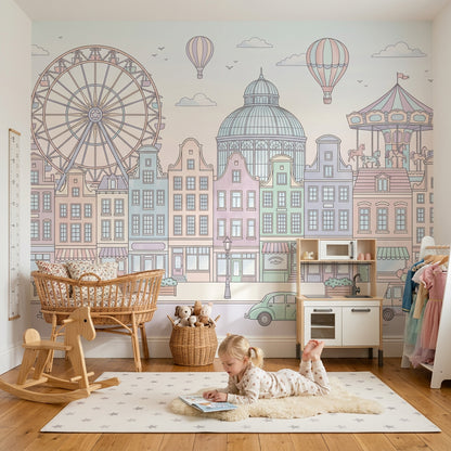 Pastel Cityscape Wallpaper European Townhouses Removable Ferris Wheel Wall Decor